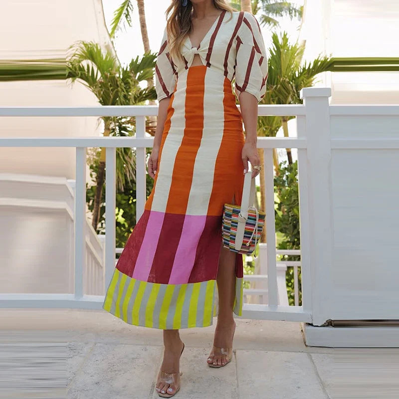 Riviera Stripes Puff Sleeve Maxi Dress