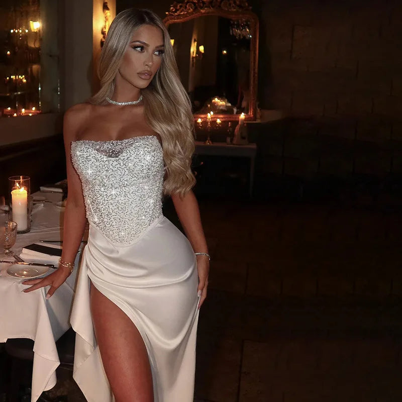 Ismeria | Beaded Satin Corset Maxi Dress