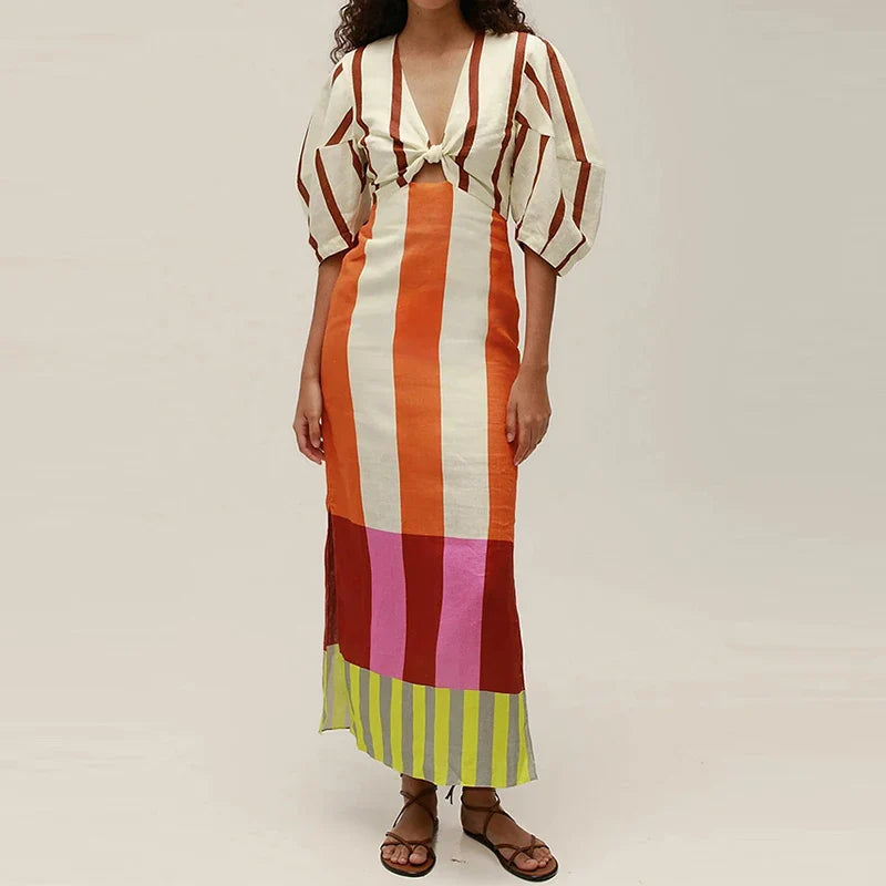 Riviera Stripes Puff Sleeve Maxi Dress