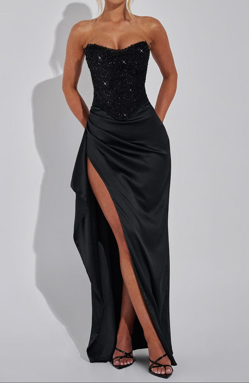 Ismeria | Beaded Satin Corset Maxi Dress