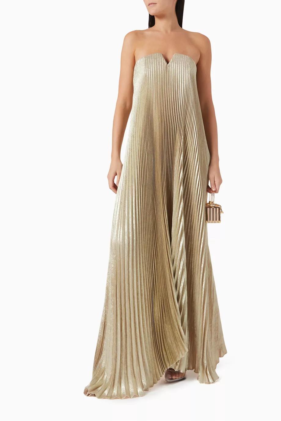 Celestia Strapless Pleated Evening Gown – Golden Elegance
