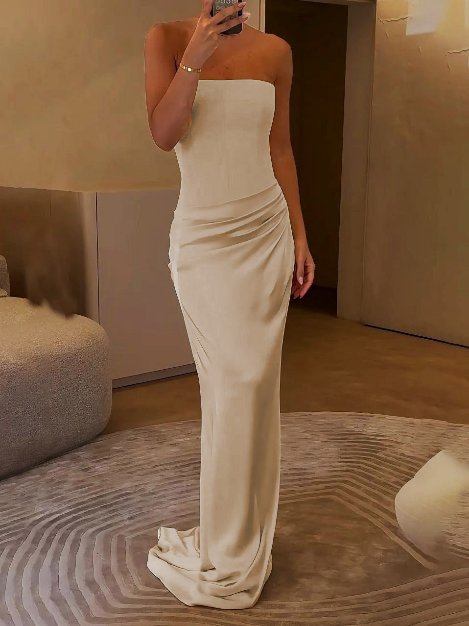 Aurielle Satin Glow Strapless Maxi Dress