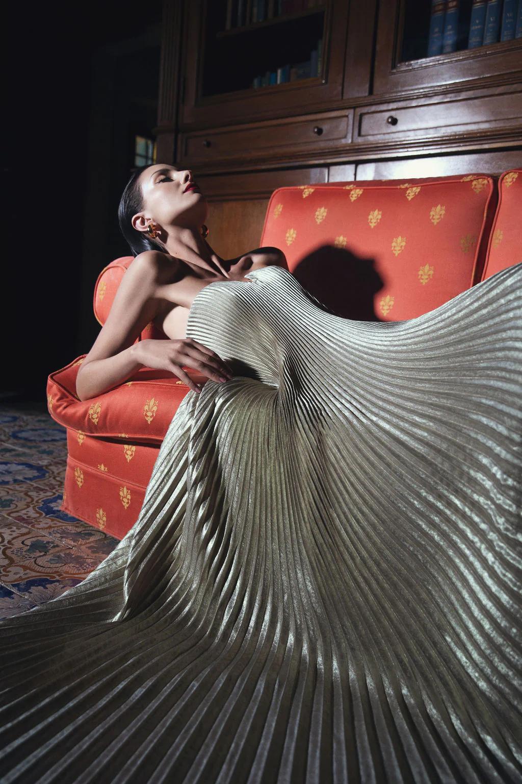 Celestia Strapless Pleated Evening Gown – Golden Elegance