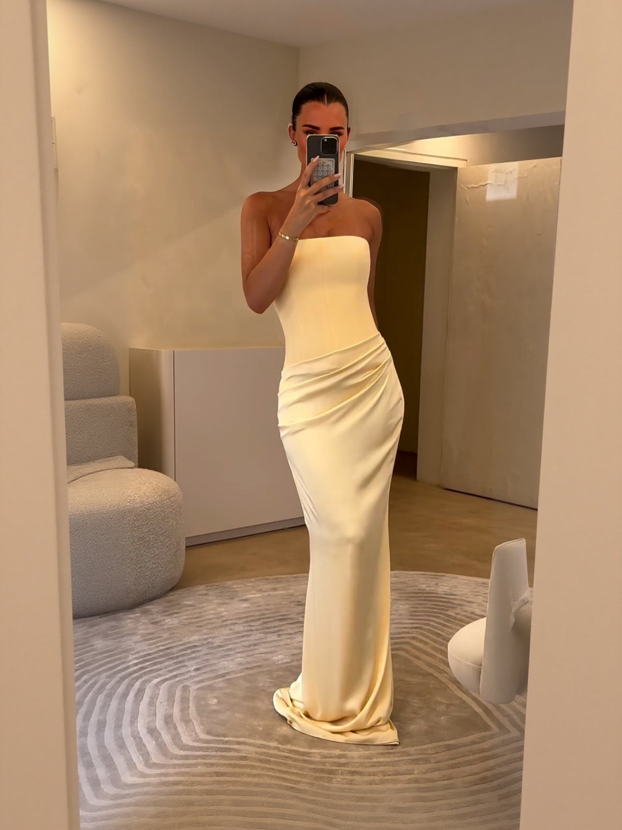 Aurielle Satin Glow Strapless Maxi Dress