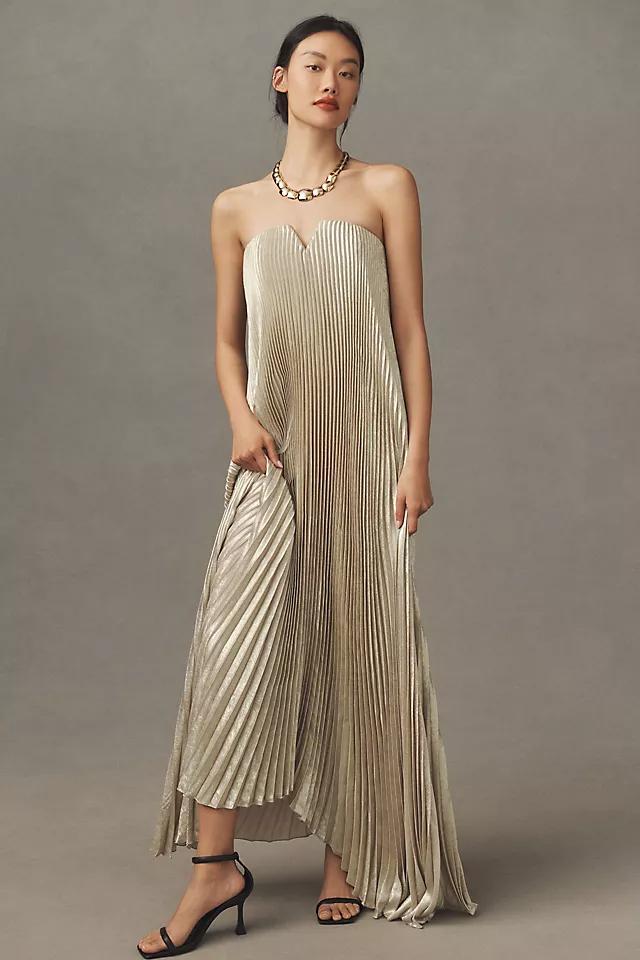 Celestia Strapless Pleated Evening Gown – Golden Elegance