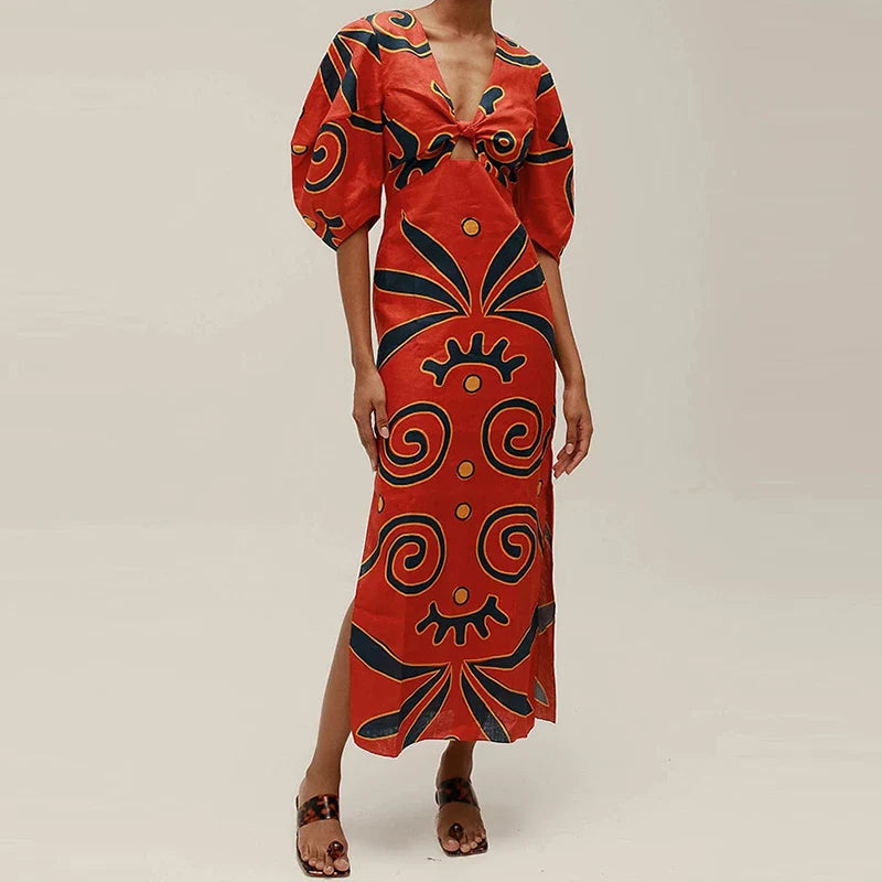 Riviera Stripes Puff Sleeve Maxi Dress