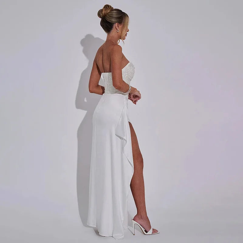 Ismeria | Beaded Satin Corset Maxi Dress