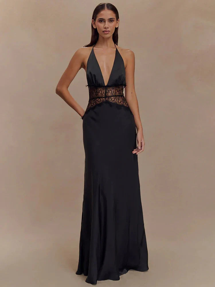 Evrelle | Halter Lace Elegance Maxi Dress