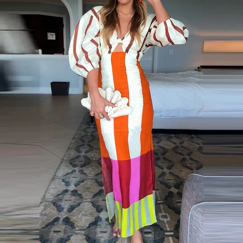 Riviera Stripes Puff Sleeve Maxi Dress