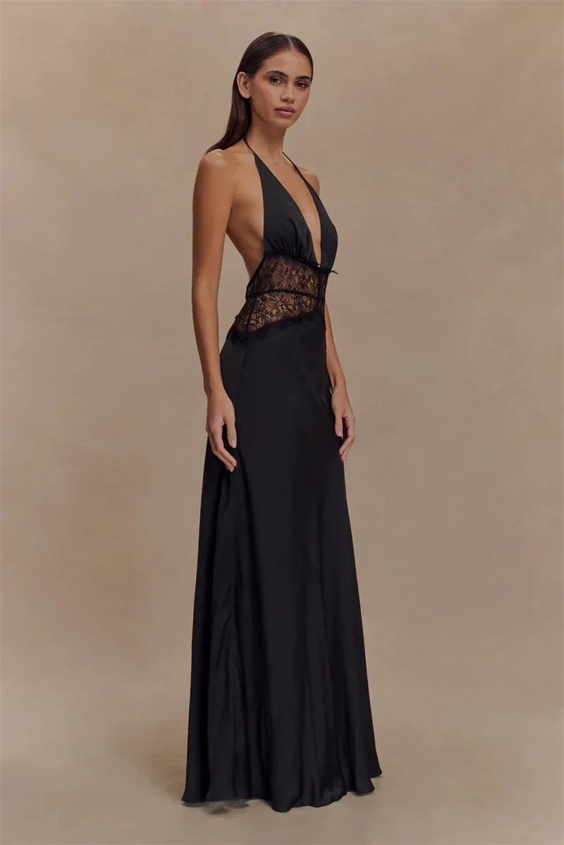 Evrelle | Halter Lace Elegance Maxi Dress